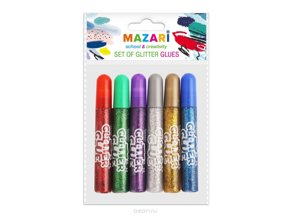 Гель оформительский "Mazari" 6цв.6мл, с блёстками
