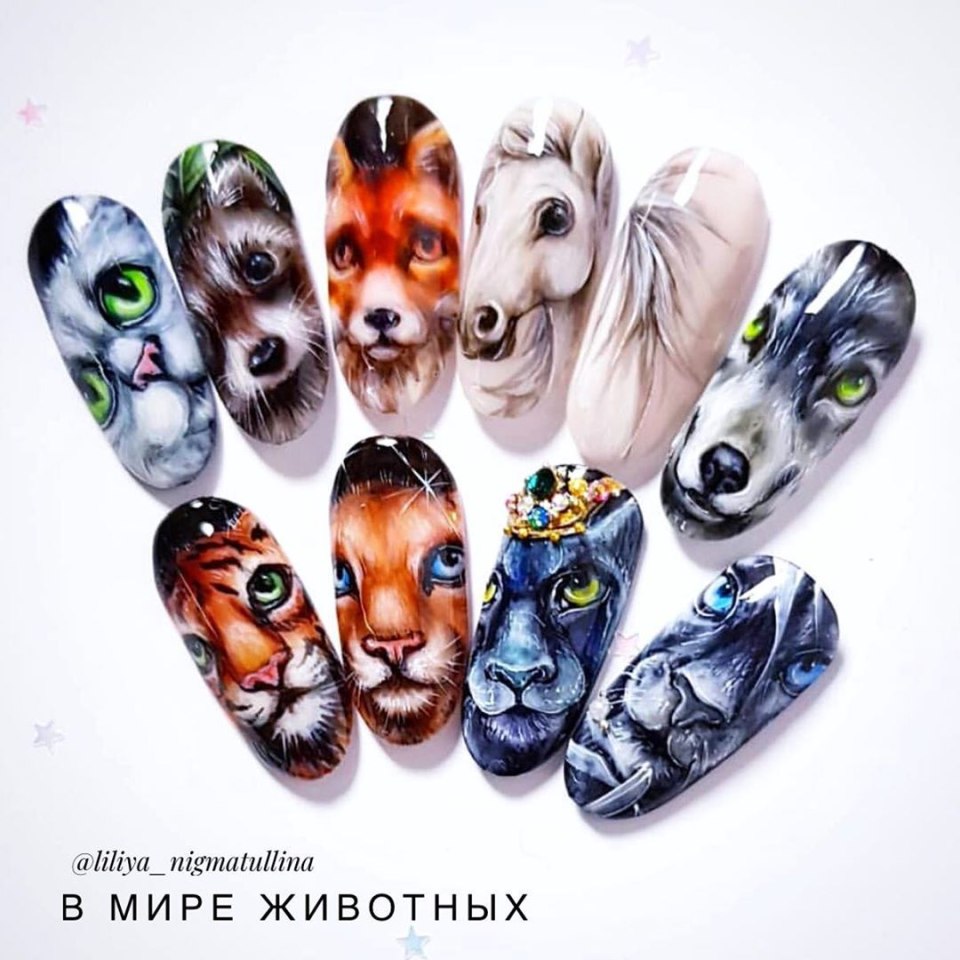 Мордочки животных на ногтях