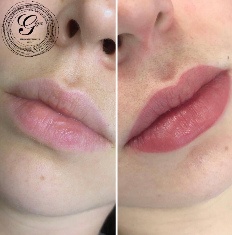 Перманентный макияж губ сразу после процедуры и зажившие