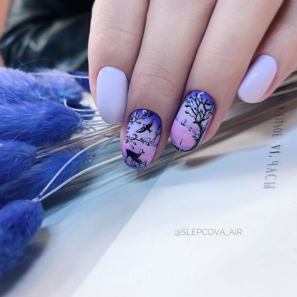 Градиент на ногтях с рисунком