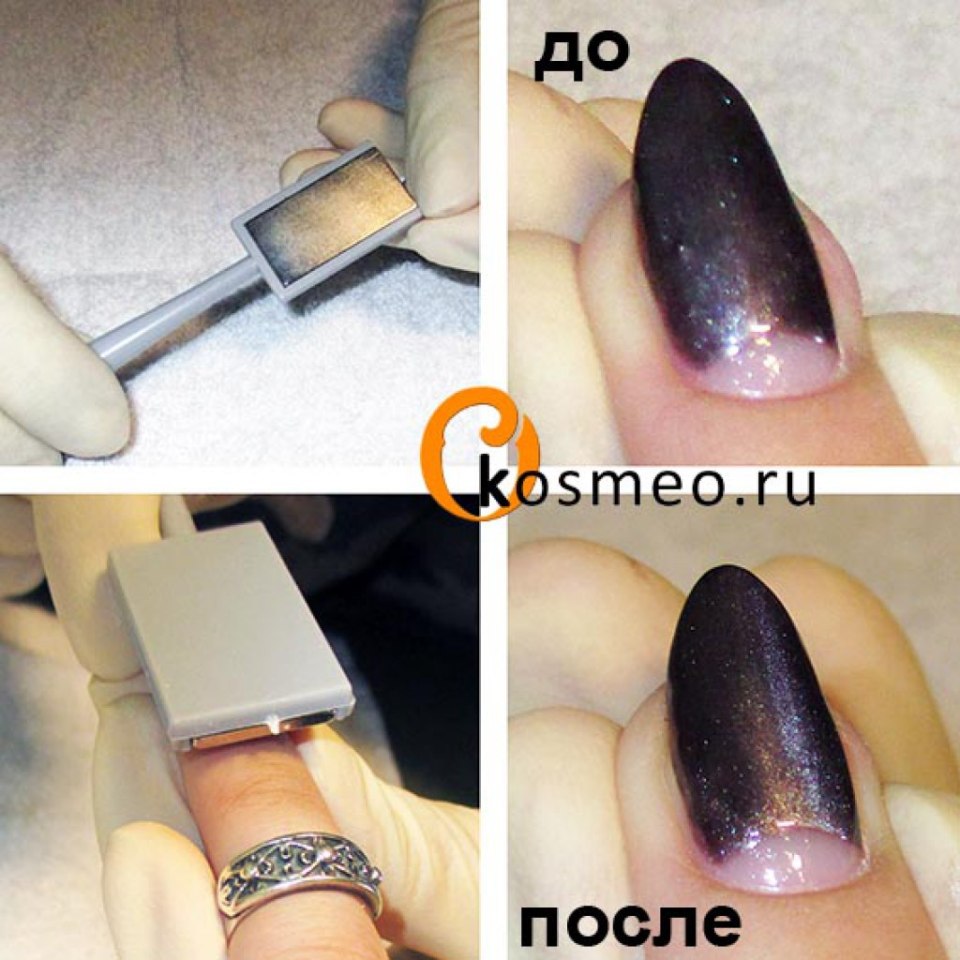 Нанесение маникюра кошачий глаз
