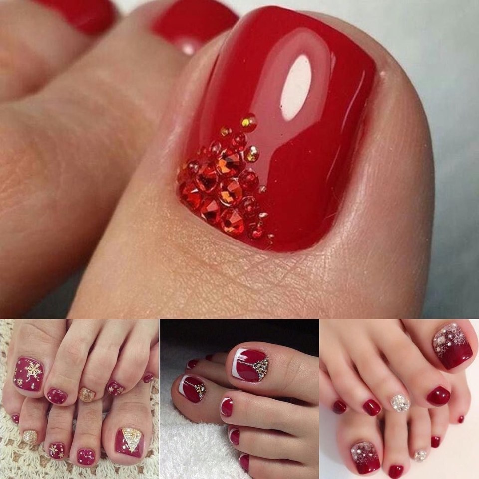 Педикюр красный с золотым