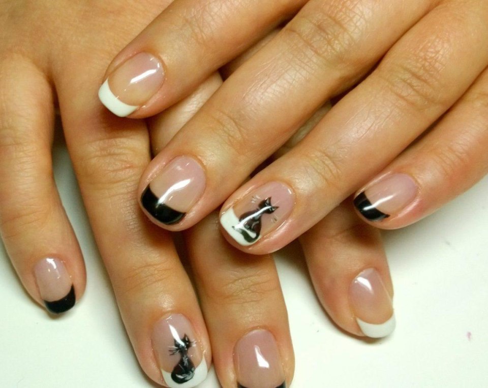 Маникюр френч на квадратные ногти с кошками