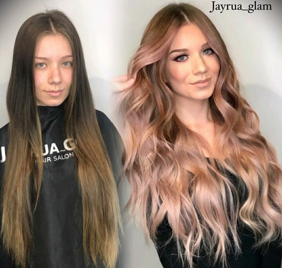 Розовый контуринг волос на русые волосы