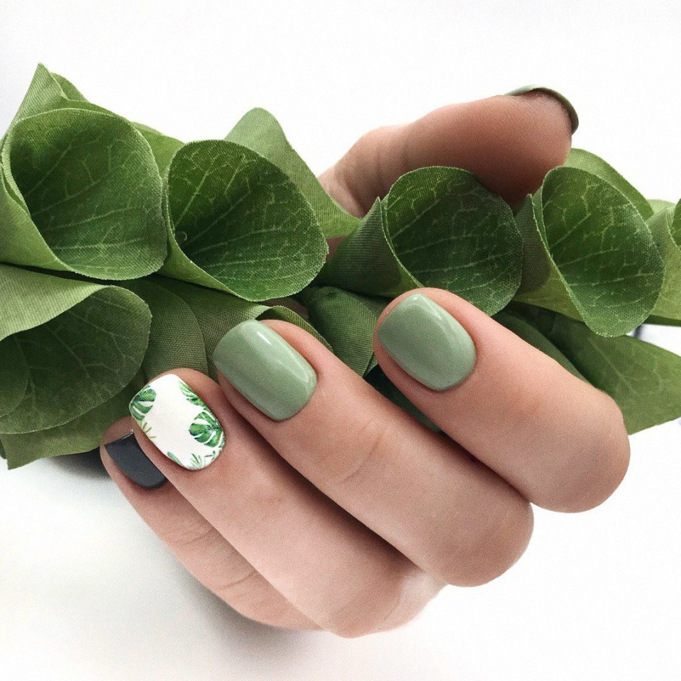 Маникюр на фоне зелени