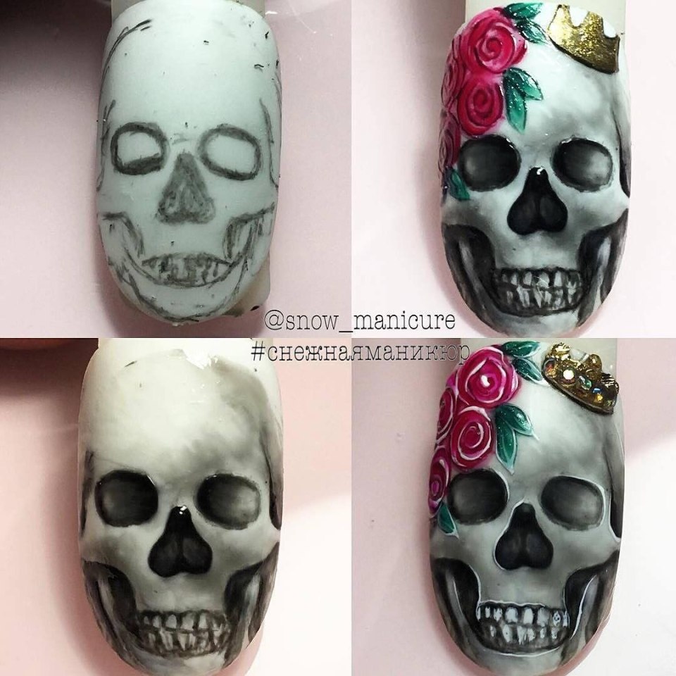 Чёрные ногти с черепом