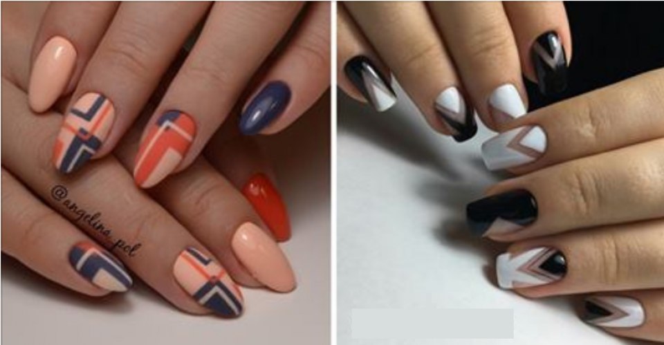 Оранжевый маникюр с геометрией