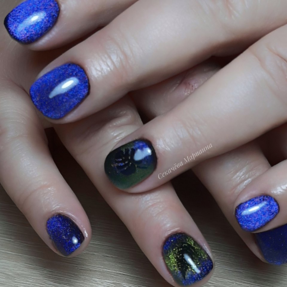 Синий кошачий глаз маникюр