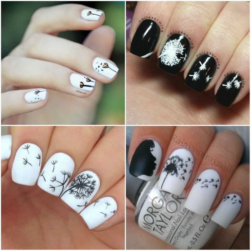 Маникюр на короткие ногти с одуванчиком