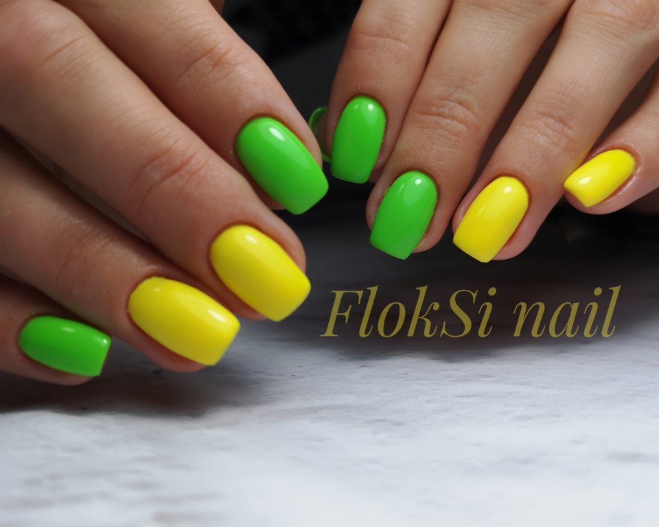 Маникюр салатовый с желтым
