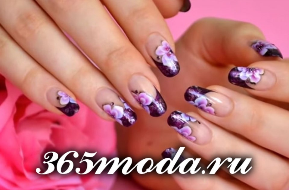 Маникюр сиреневый френч с лентой 2020