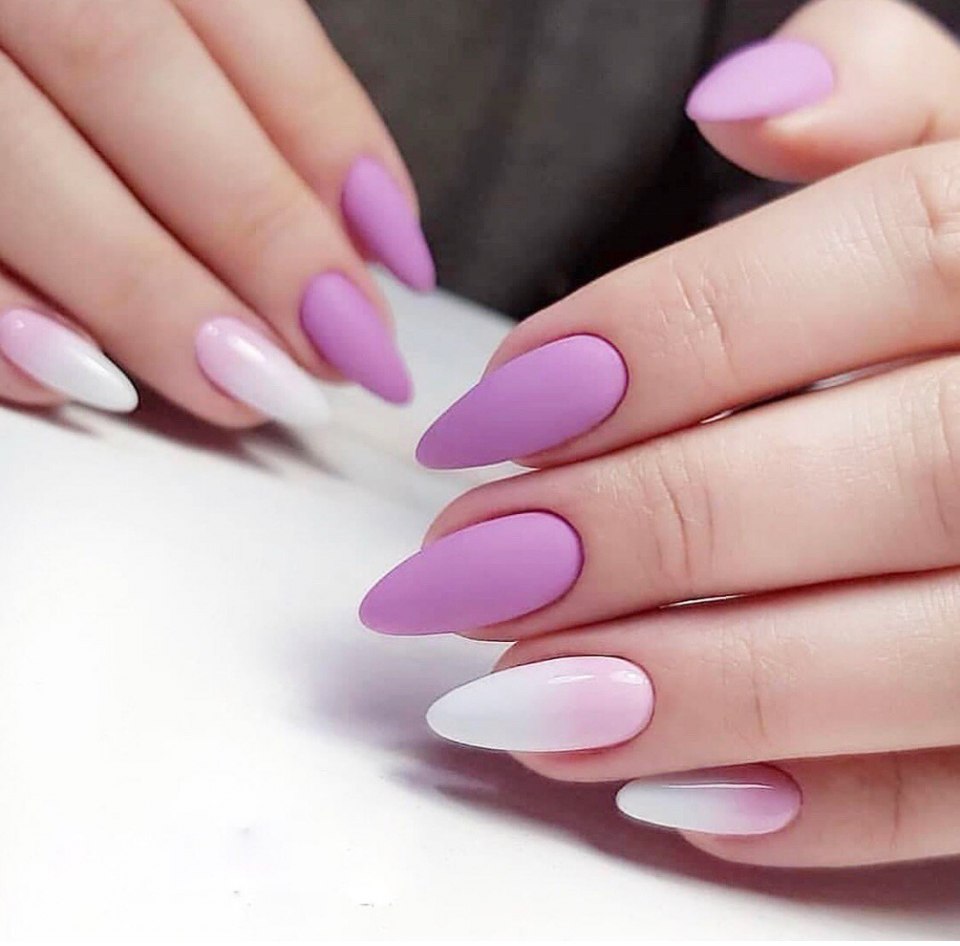 Сиреневый маникюр миндальной формы