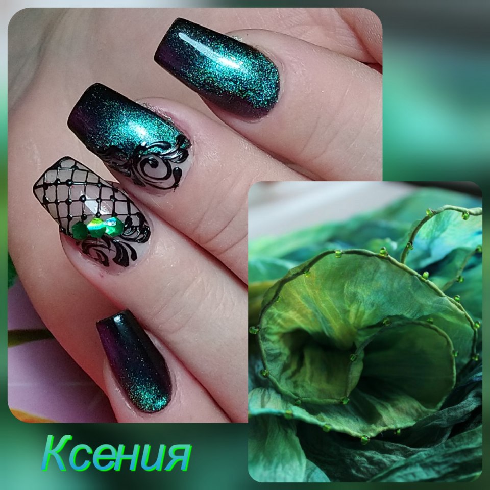 Глубокий зеленый маникюр кошачий глаз