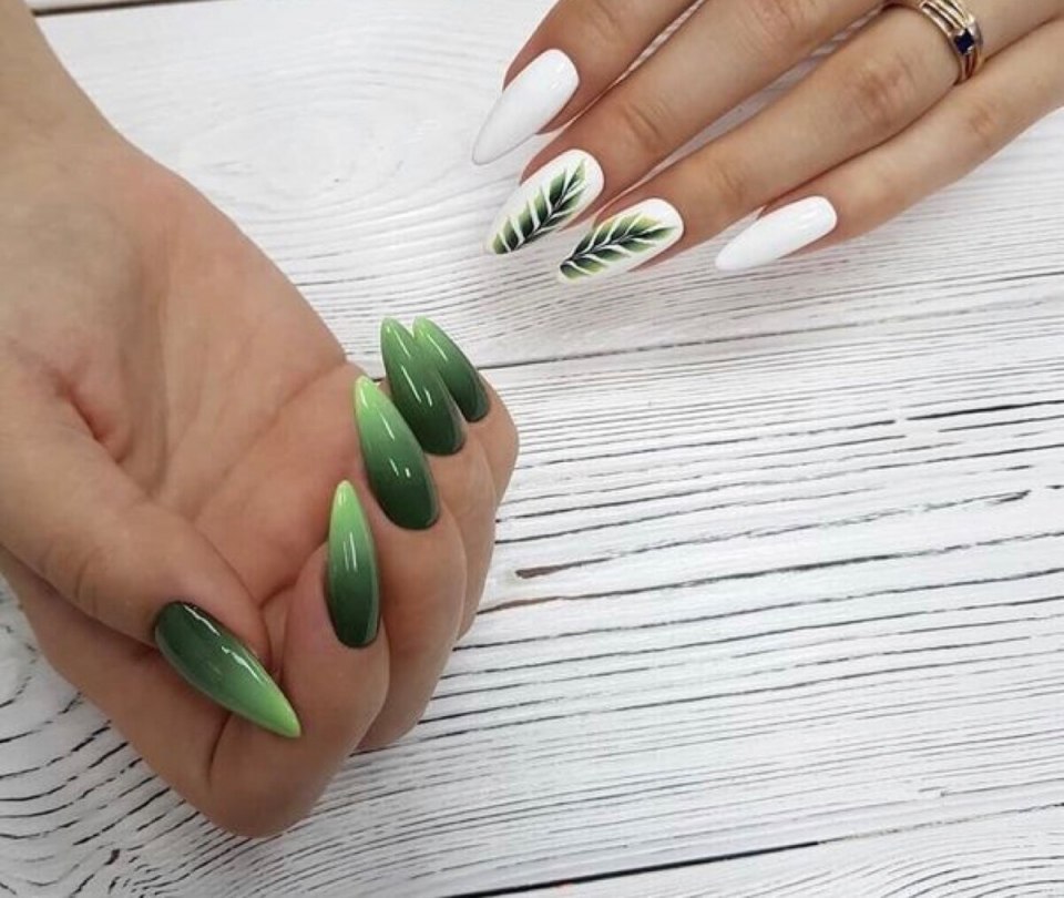 Маникюр с зеленой веточкой