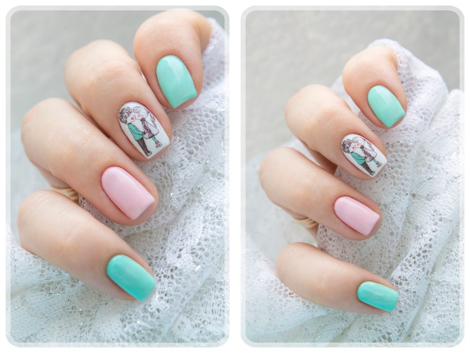 Маникюр в мятно розовых тонах