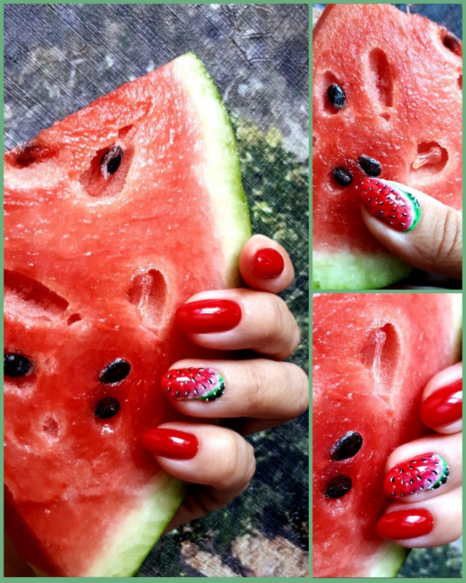 Розовый маникюр с арбузом
