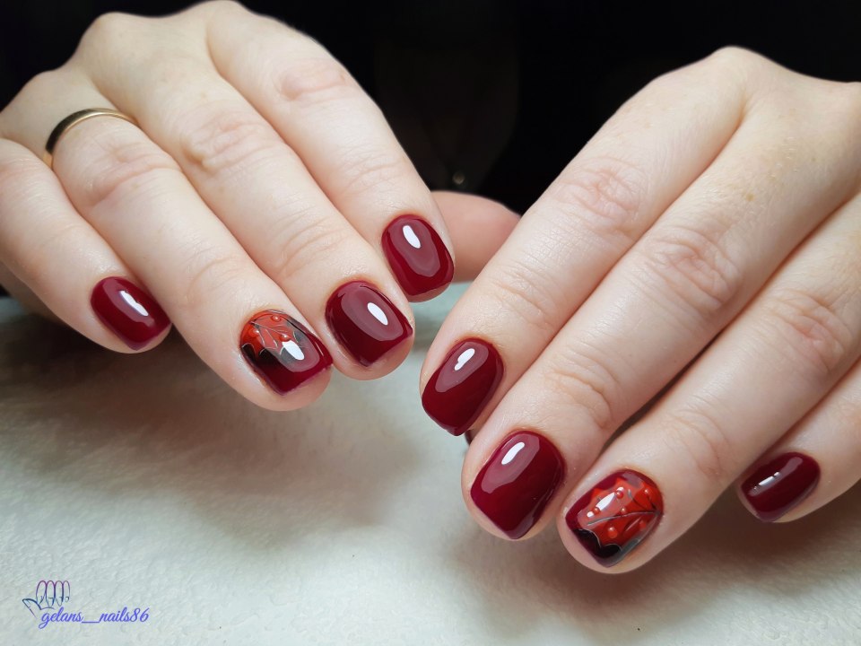 Маникюр на короткие ногти бордовый цвет