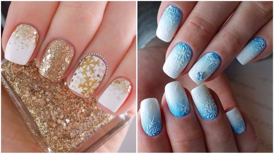 Черный маникюр со снежинками