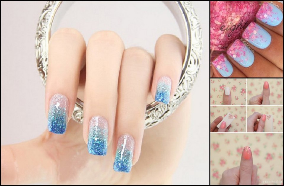 Маникюр с голубым лаком и блестками