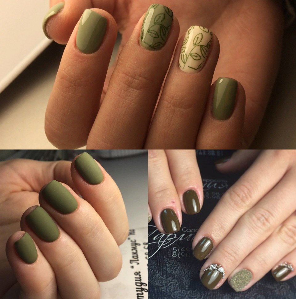 Оливковый матовый маникюр