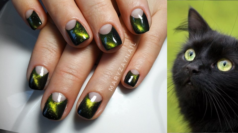 Салатовые ногти с кошками