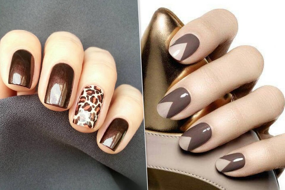 Коричневый маникюр с узорами