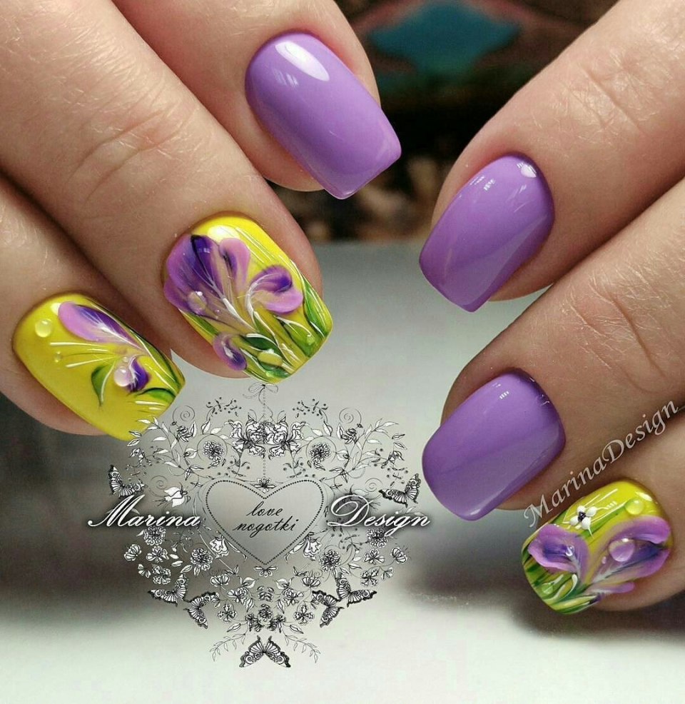 Ногти сиреневый с желтым