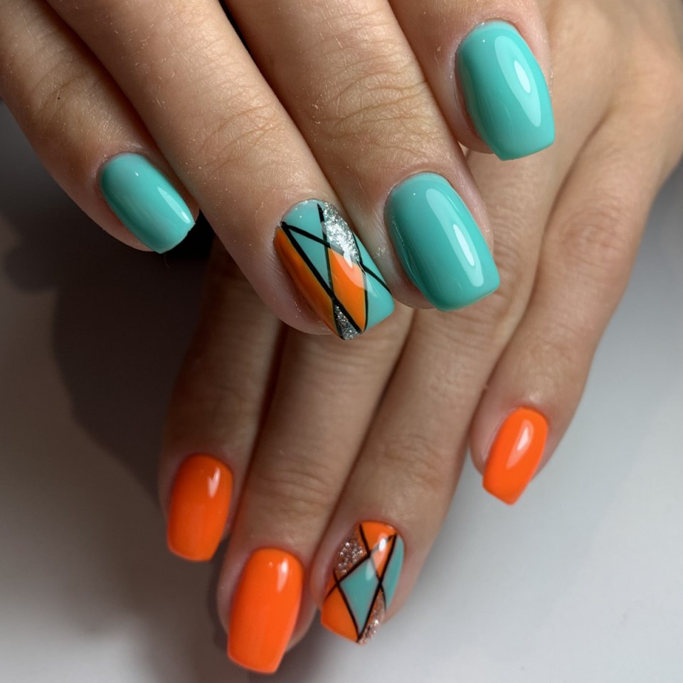 Разноцветный маникюр контрастный