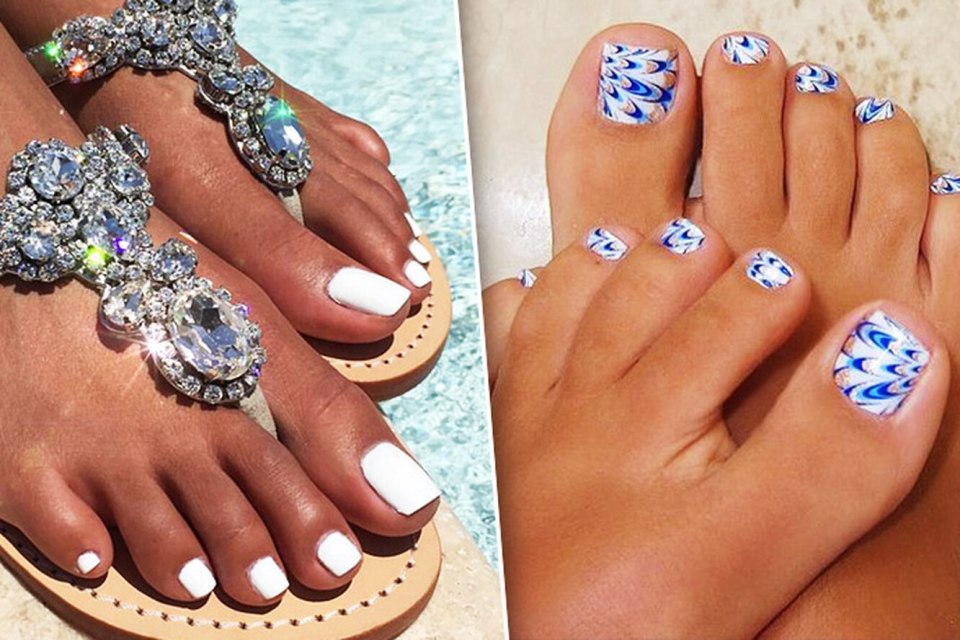 Яркий педикюр на смуглых ногах