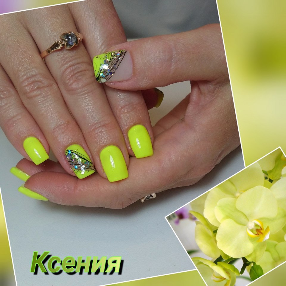 Маникюр оливковый с желтым