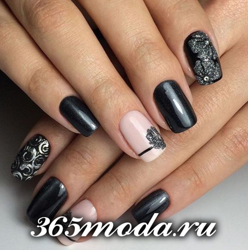 Маникюр на короткие ногти серый с черным