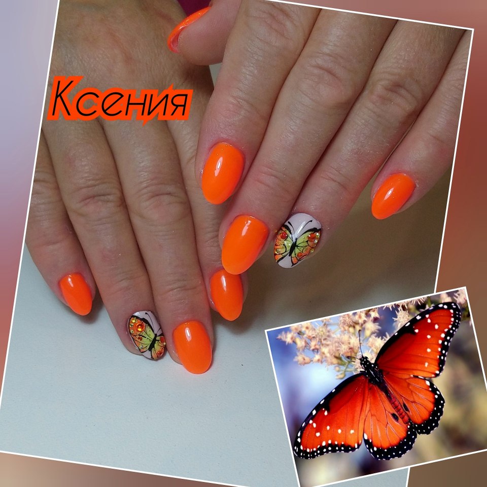 Оранжевые ногти с бабочками