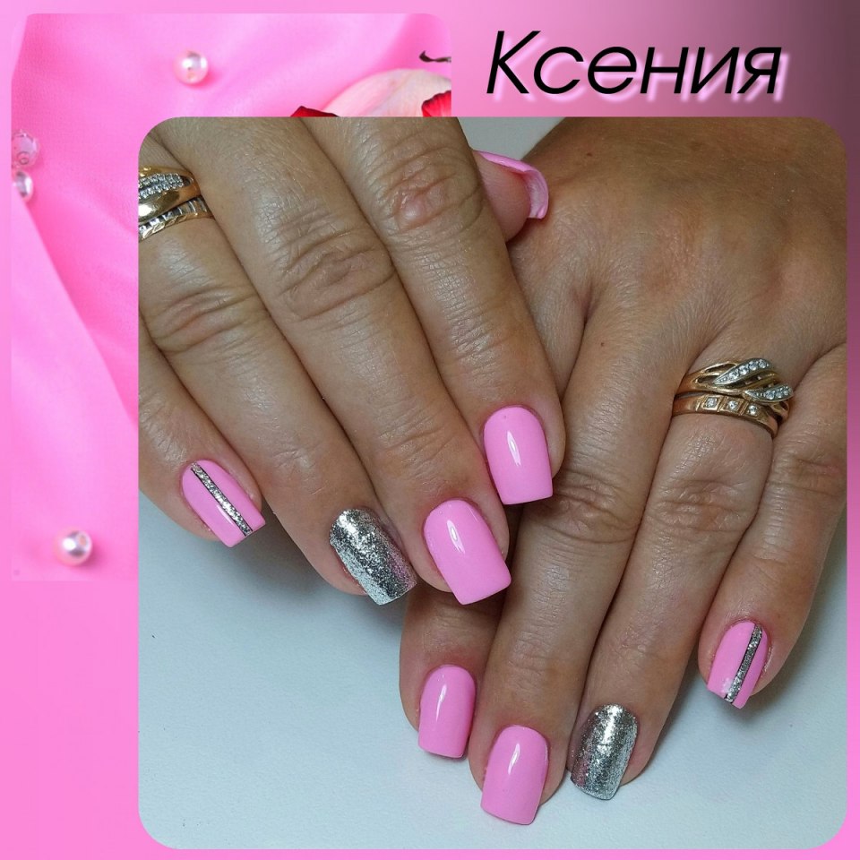 Маникюр на короткие ногти розовые оттенки с серебром