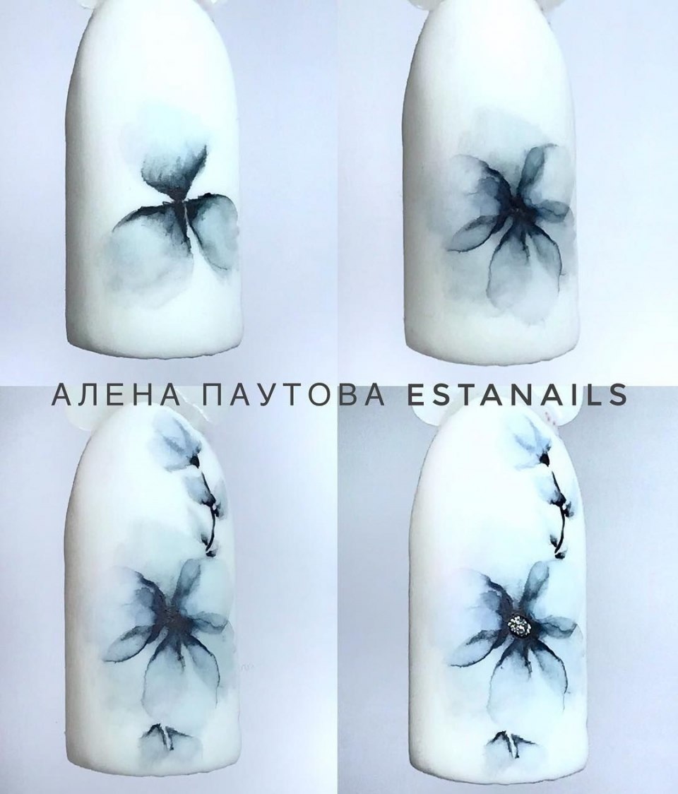 Акварельный цветок на ногтях пошагово